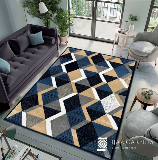 Contemporary Jute Geometrical Rug | Size: 5ft width x 7.5ft length (150cm x 225cm) | Article #M58BLU-10