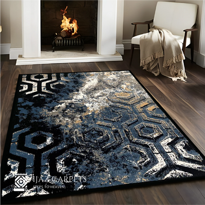 Contemporary Jute Geometrical Rug | Size: 5ft width x 7.5ft length (150cm x 225cm) | Article #M58BLU-1