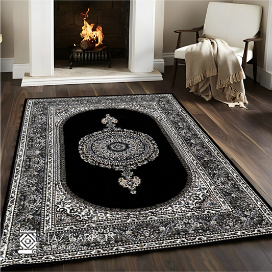 Timeless Polypropylene Floral Rug | Size: 5ft width x 7.5ft length (150cm x 225cm) | Article #P58BLK-9