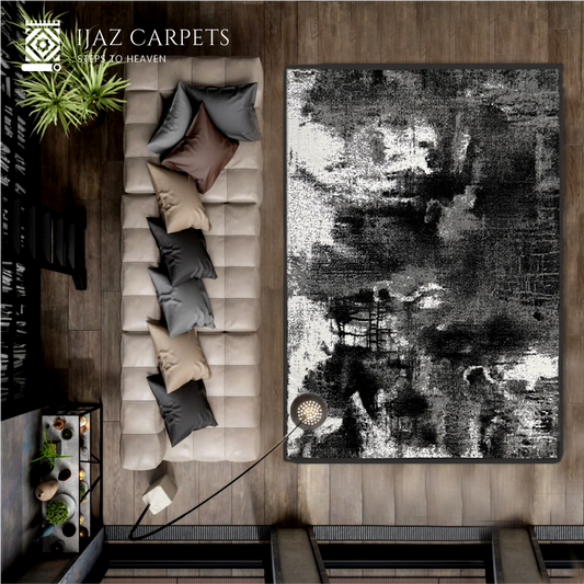 Abstract Jute Splatter Paint Rug | Size: 5ft width x 7.5ft length (150cm x 225cm) | Article #M58BLK-7