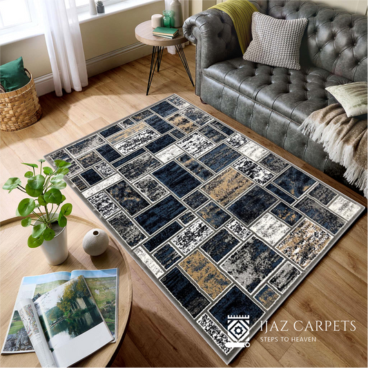 Abstract Box Pattern Rug | Size: 5ft width x 7.5ft length (150cm x 225cm) | Article #M58GRY-12